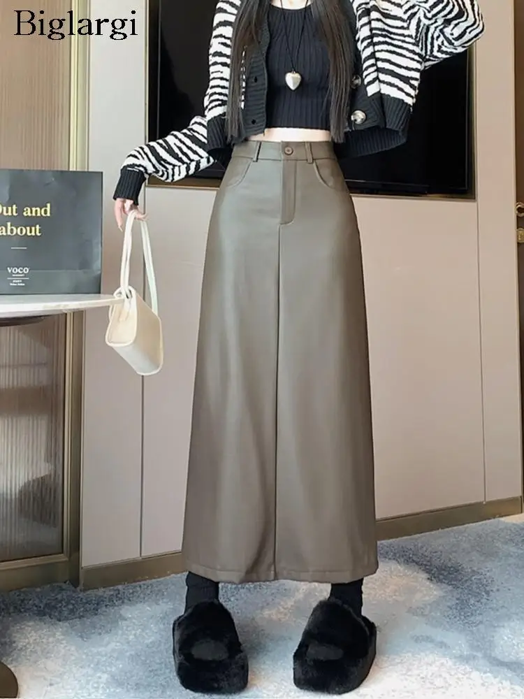 

Осенние длинные женские юбки из искусственной кожи, модные облегающие юбки а-силуэта с разрезом и высокой талией, женские юбки в Корейском стиле, плиссированные женские юбки