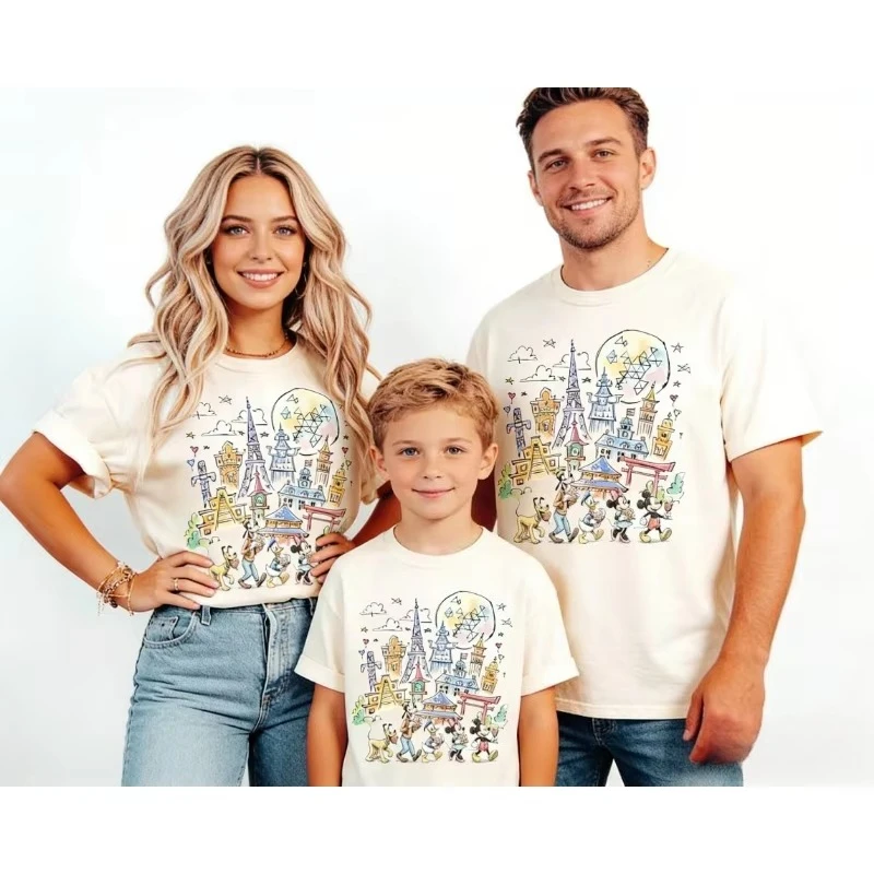 Family Matching T-shirt Castle Fairy Print Cotton Crew Neck Short Sleeve Casual Tees for Mom Dad and Kids Summer Travel Outfits - 2