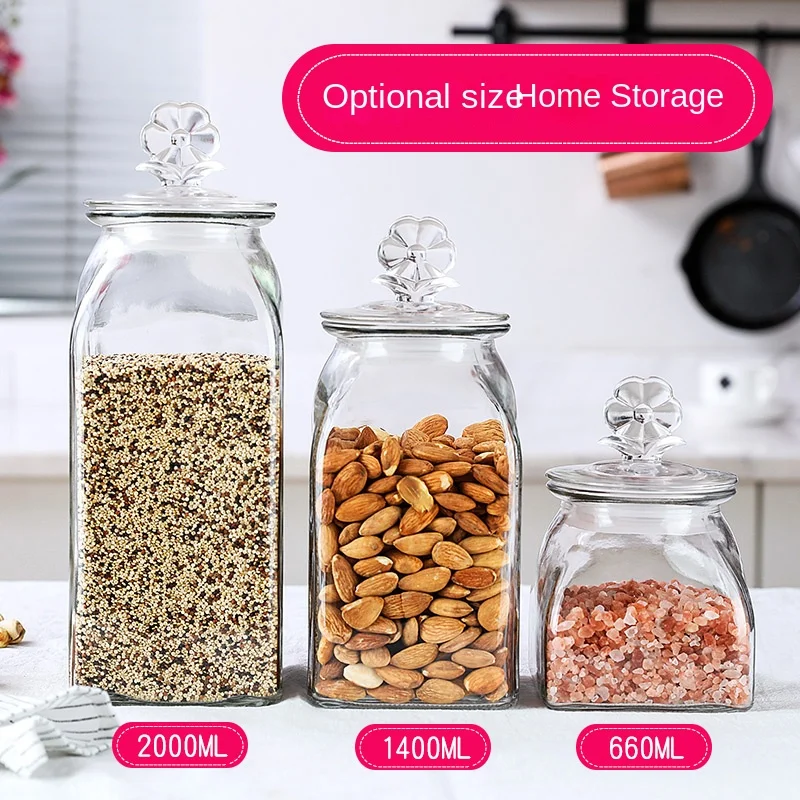 Nordic Flowers Transparent Glass Storage Jar Square Candy Food Storage Bottle Coffee Tea Sealed Jar Kitchen Utensils Decoration 2