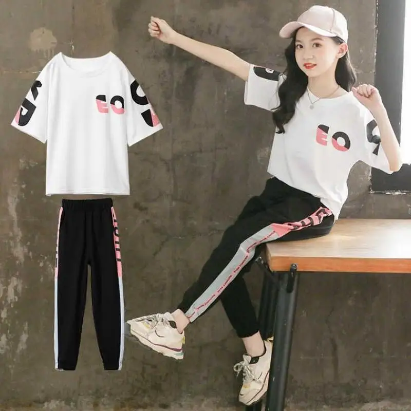 

2024 Summer Kid Clothes Girl Suit Fashion Letter Short Sleeve T-Shirt Top Wide-Leg Pants Two-Piece Sets Girl Clothing Suit 4-13Y