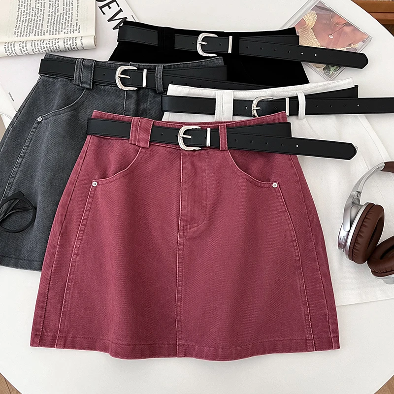 

Jeans Skirts Korean style casual elegant washed Denim high waist slimming anti-emptied short skirt with belt for women Faldas Cl