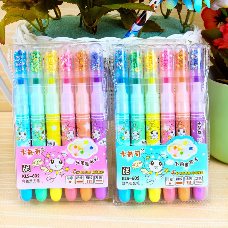 

12 bag/lot Creative Sequin Stamp Highlighter Cute 6 colors Drawing Painting Art Marker Pen School supplies Stationery gift