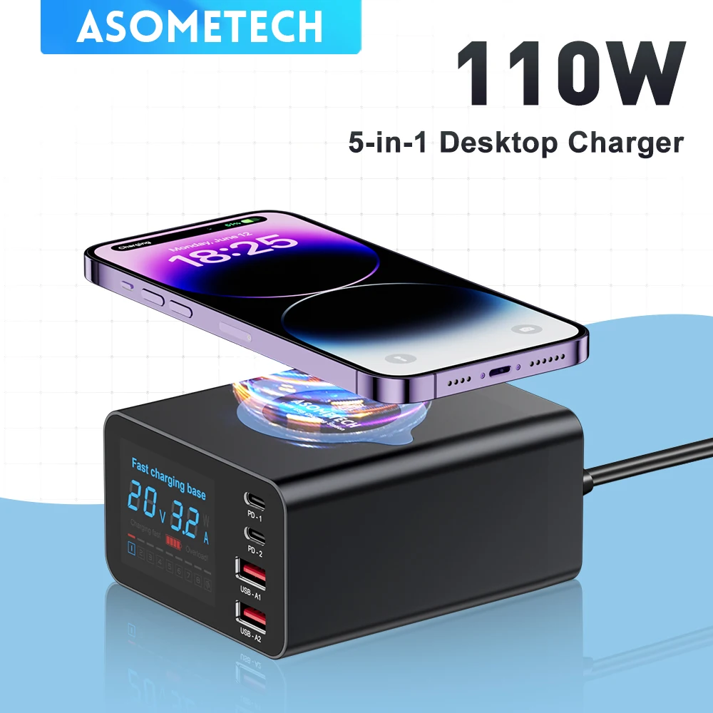 110W Multi 5-in-1 USB Charging Station, Fast Wireless Charger QC3.0 PD PPS Quick Charge for IPhone 14 Max Xiaomi Samsung Laptop