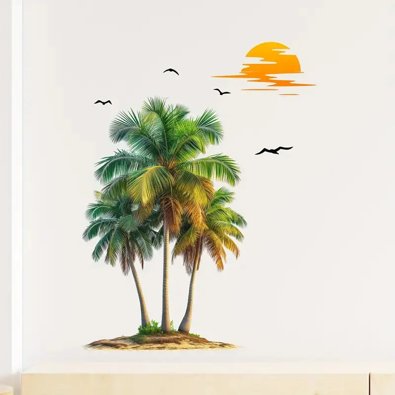 Creative Wall Sticker Tropical Green Plant & Coconut Tree Pattern Self-Adhesive Decal for Bedroom Living Room Home Decal
