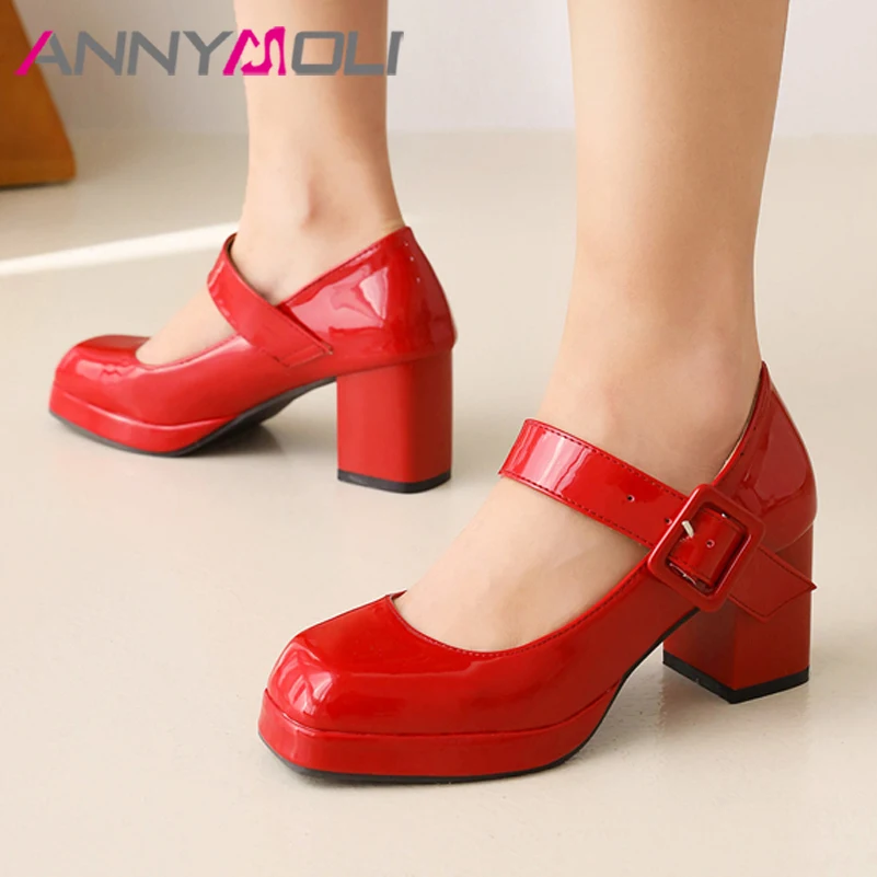 

ANNYMOLI Women PU Leather Mary Janes Shoes Platform Chunky Heels Pumps Buckle Strap High Heel Lady Footwear Spring Big Size 46