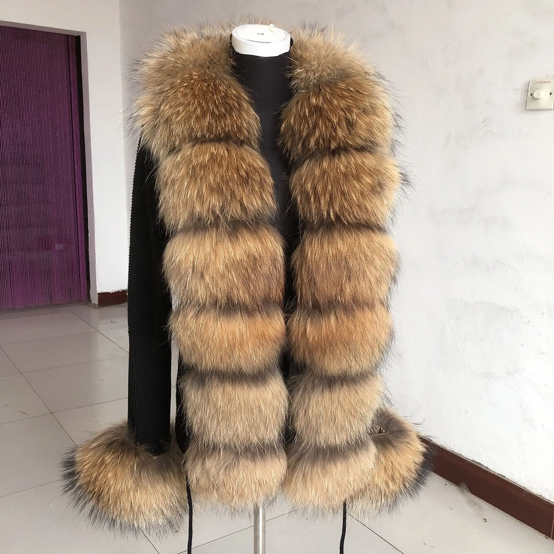 Women's spring and autumn sweater cardigan jacket with real fox fur collar real fox fur jacket natural fox fur women's jacket 2