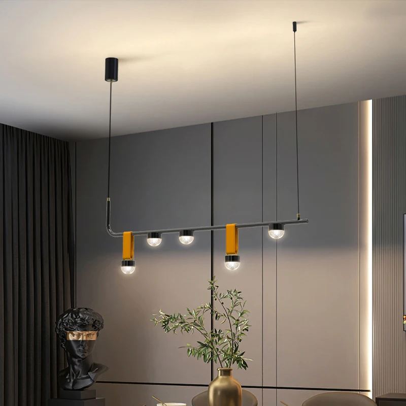 

FKL Nordic Modern Long Black Chandelier Simple Long Island Table Lamp Light Luxury LED Restaurant Bar Chandelier