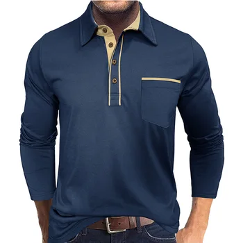 Polo a maniche lunghe con tasca a contrasto sul risvolto, T-shirt casual da uomo con bottoni per tutti i giorni, Collezione Primavera Autunno 2026
