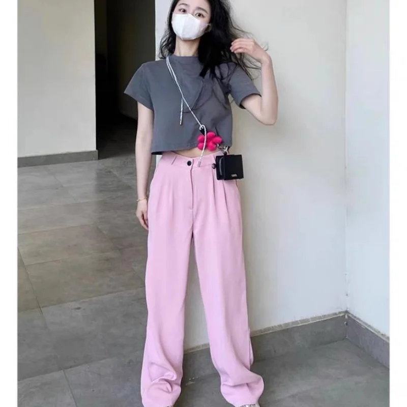 

Брюки женские прямые с завышенной талией, повседневные винтажные штаны розового цвета, модные тонкие брюки с широкими штанинами для самостоятельного культивирования, на лето