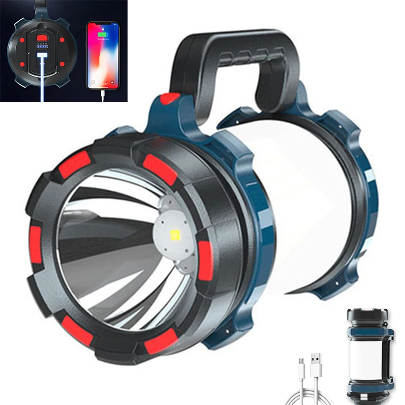 

Portable Led Flashlights USB Rechargeable Searchlight with Side Light Outdoor Hook Camping Lantern Power Bank Outdoor Work Light