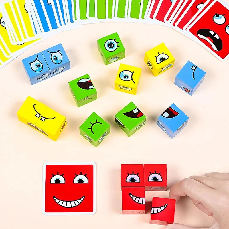 Children's Wooden Four Person Battle Face Changing Facial Expressions Magic Cube Building Blocks Wooden Interactive Games 3