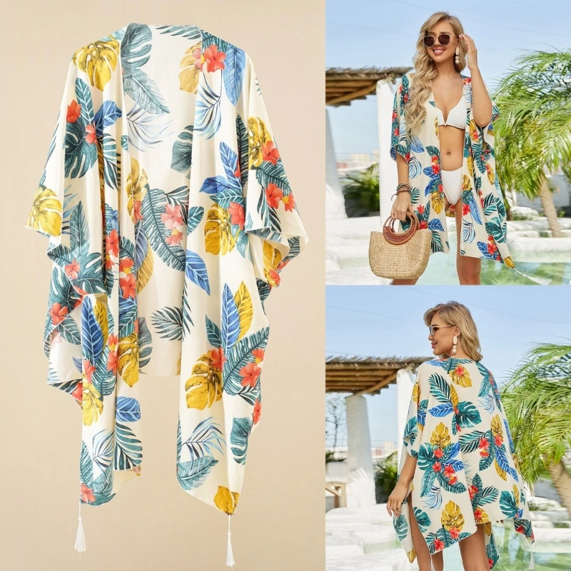 Women Floral Print Kimono Cardigan Summer Bikini Cover Up Sexy Open Front Tassels Beach Long Flowy Loose Half Sleeve Shirt Shawl image