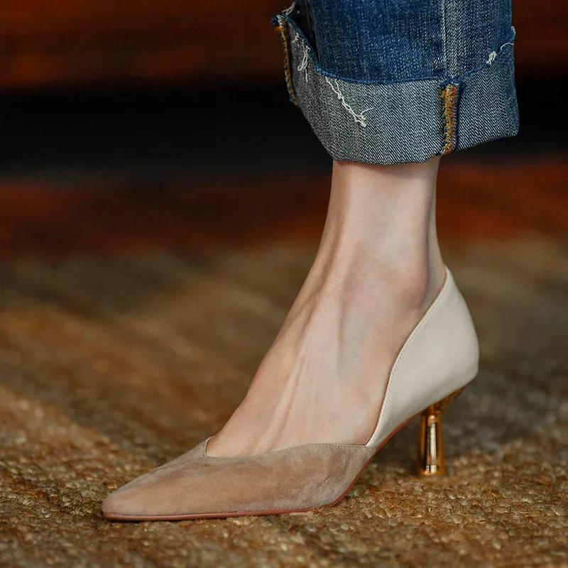 French High Heel Shoes Women's Spring Autumn 2023 New Slim Heel Pointed Mix Colors Work Pumps Retro Shallow Fashion Single Shoes