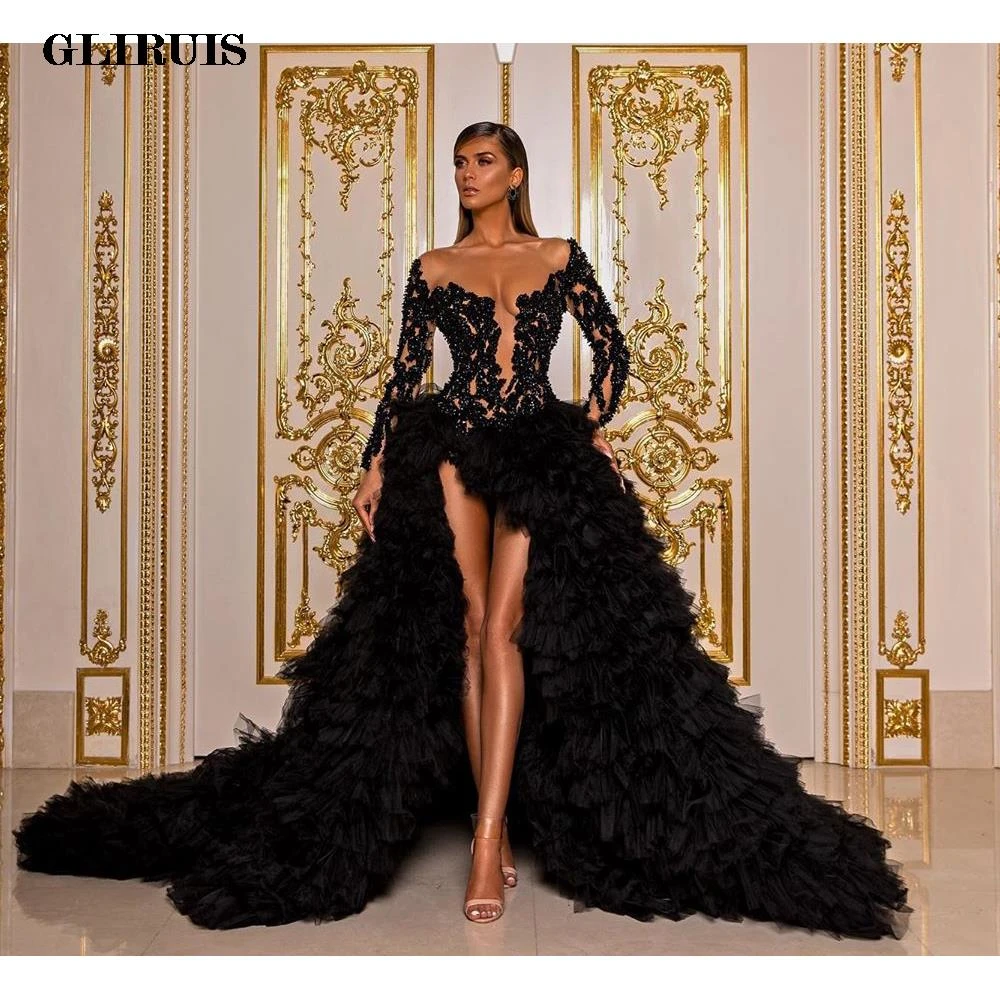 New Black Luxury Evening Dresses Elegant Long Sleeves Sequins Appliques Ruffles Hi-Lo Tulle Women Prom Pageant Gowns Custom Made yellow formal dresses