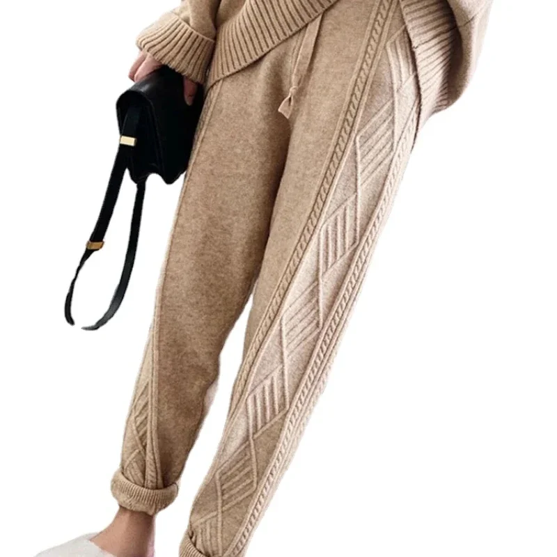 

Winter Thicken Women Harem Pants Casual Drawstring Twisted Knitted Pants Femme Chic Warm Female Sweater Trousers 2023