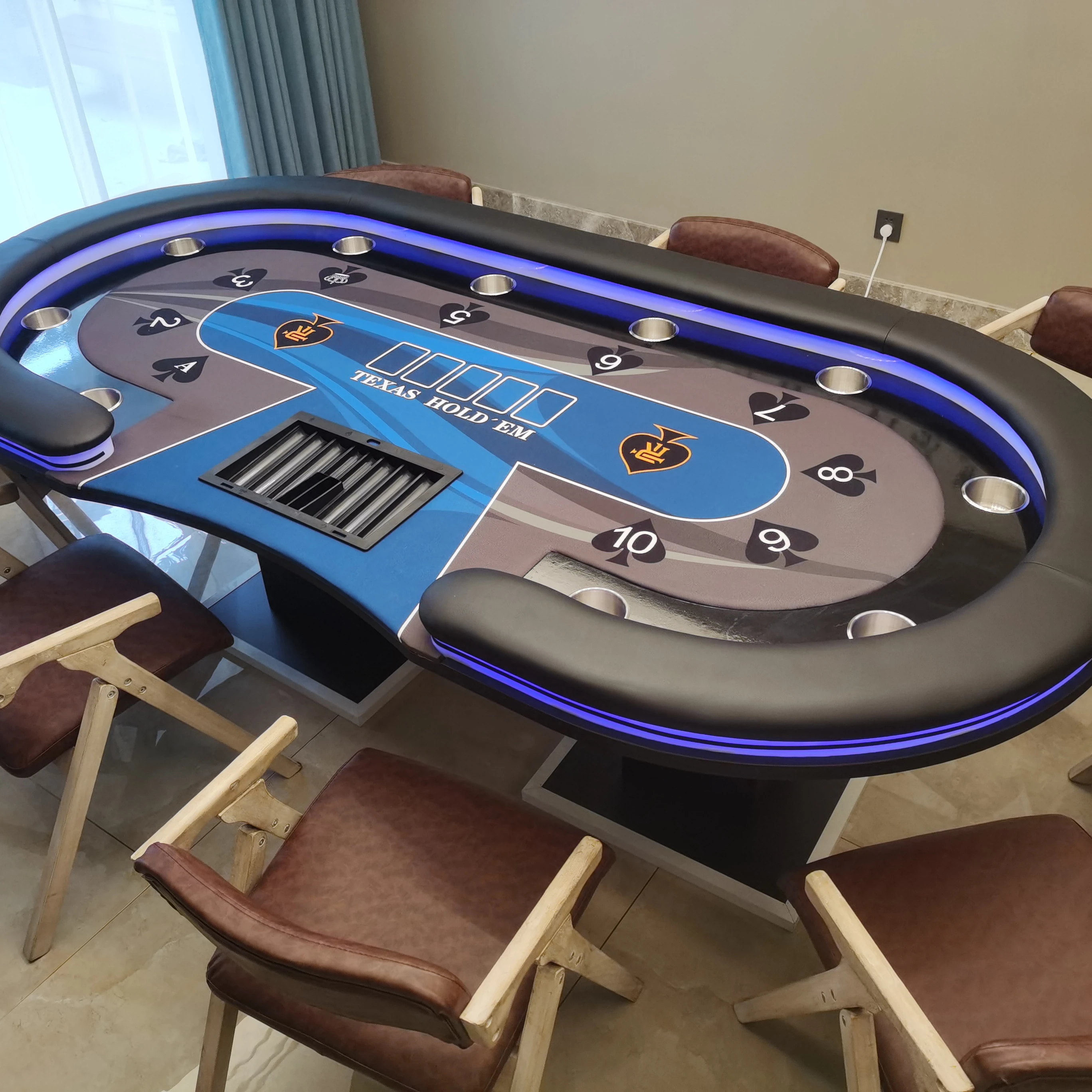Mesa De Póker VidaXL Para 10 Jugadores Con área De Crupier, Bandeja De Fichas Y 9 Posavasos, Color Azul