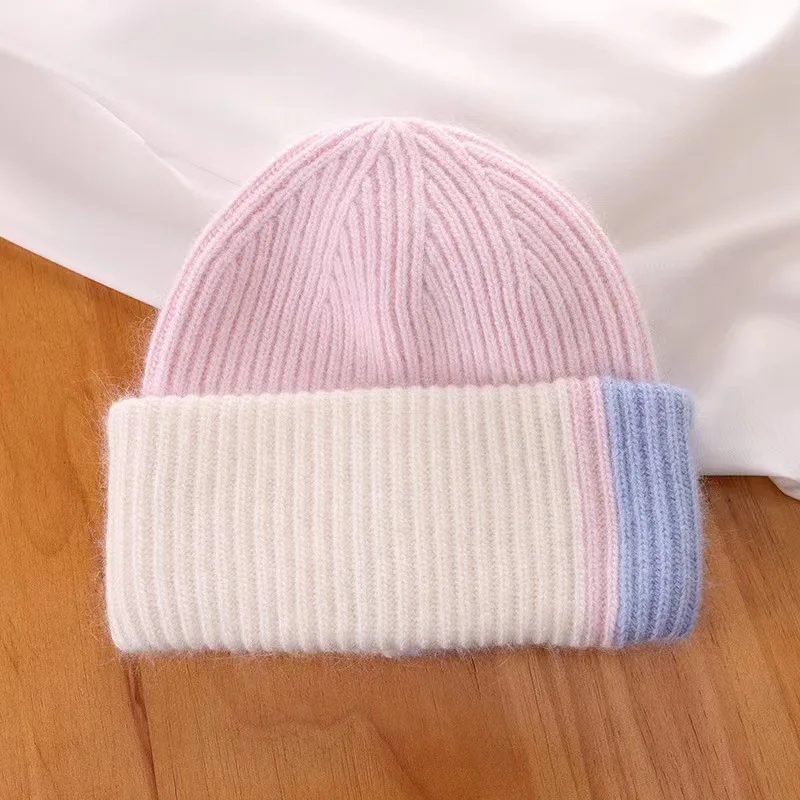 Knitted Beanie Hat For Women Warm Winter Rabbit Fur Patchwork_voghion.com