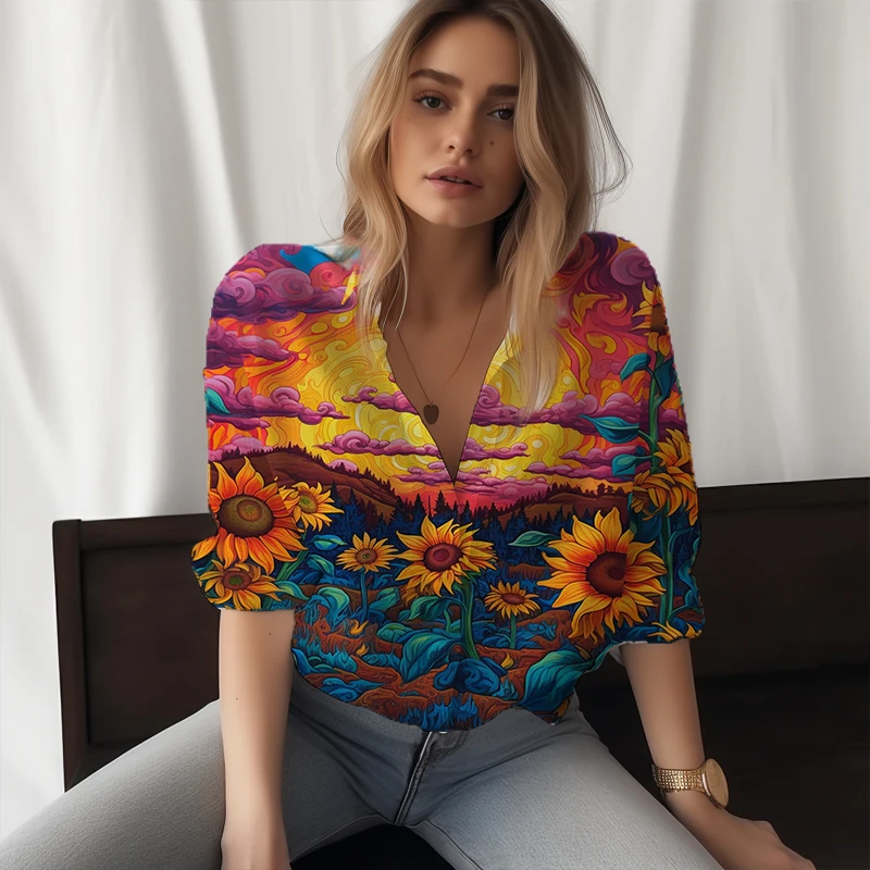 

2023 New Ladies Shirts Sunflower 3D Printing Women's Shirt Beautiful Scenery Style Women's Shirt Fashionable Women's Shirt