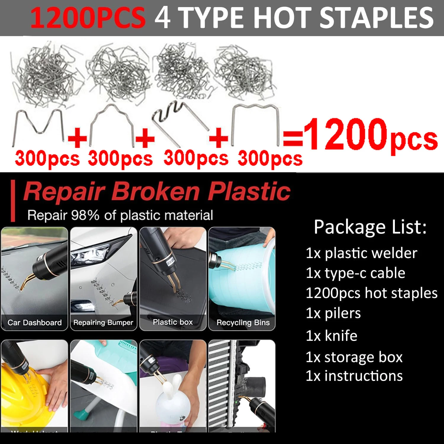200W Cordless Plastic Welder Plastic Weld Kit with 4 Tpyes Hot Staples Plastic Welding Machine Tool 5.0Ah Rechargeable Battery 4