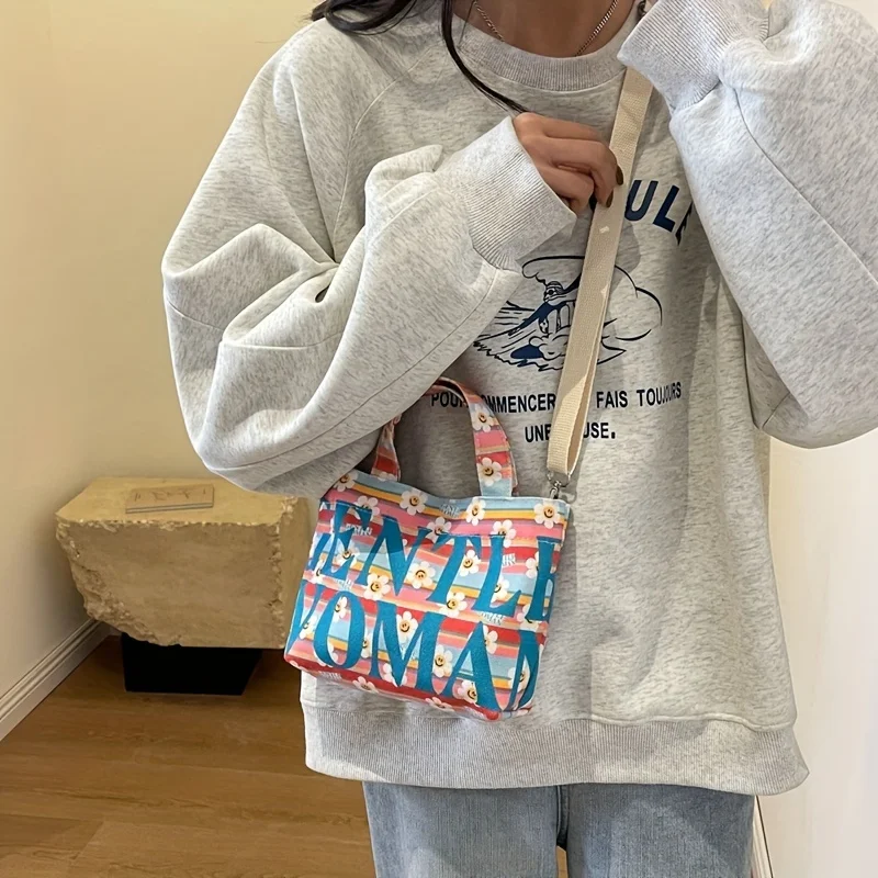 Mini Cute Canvas Crossbody Bag, Kawaii Cartoon Print Tote Shoulder Bag, Women's Fashion Handbags And Purses