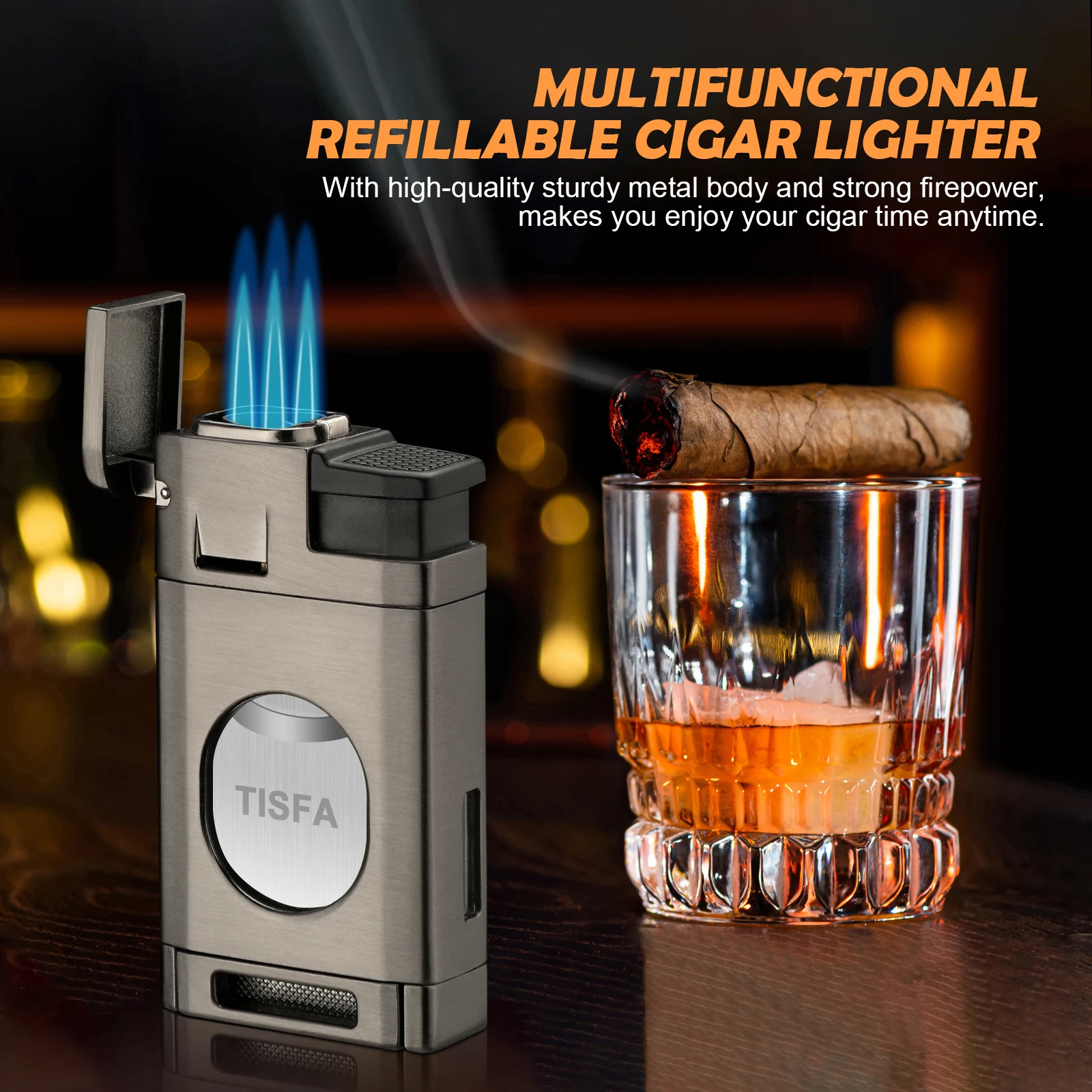 Cigar Torch Lighter with Built in Cigar Cutter,Triple Jet Flame Butane Lighter with Window,Refillable Butane Windproof Lighters