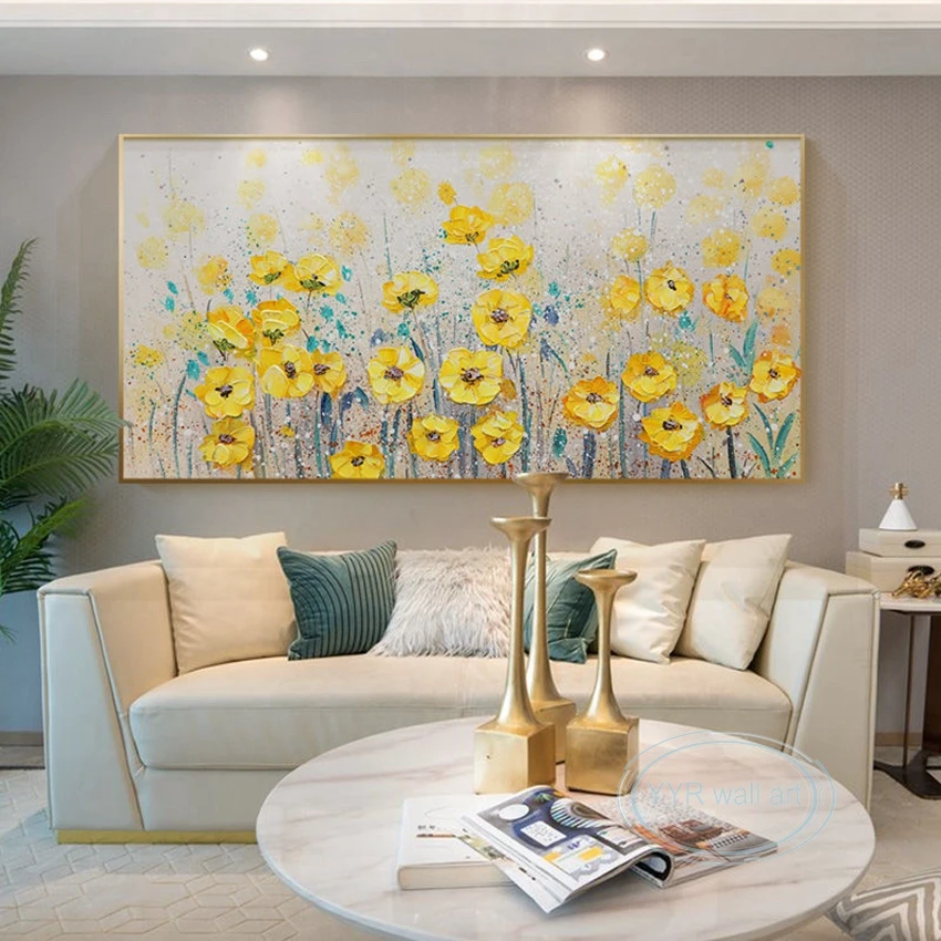 

Декоративная картина для гостиной в скандинавском стиле, картина маслом на холсте для спальни, столовой, с желтыми цветами, ручная роспись