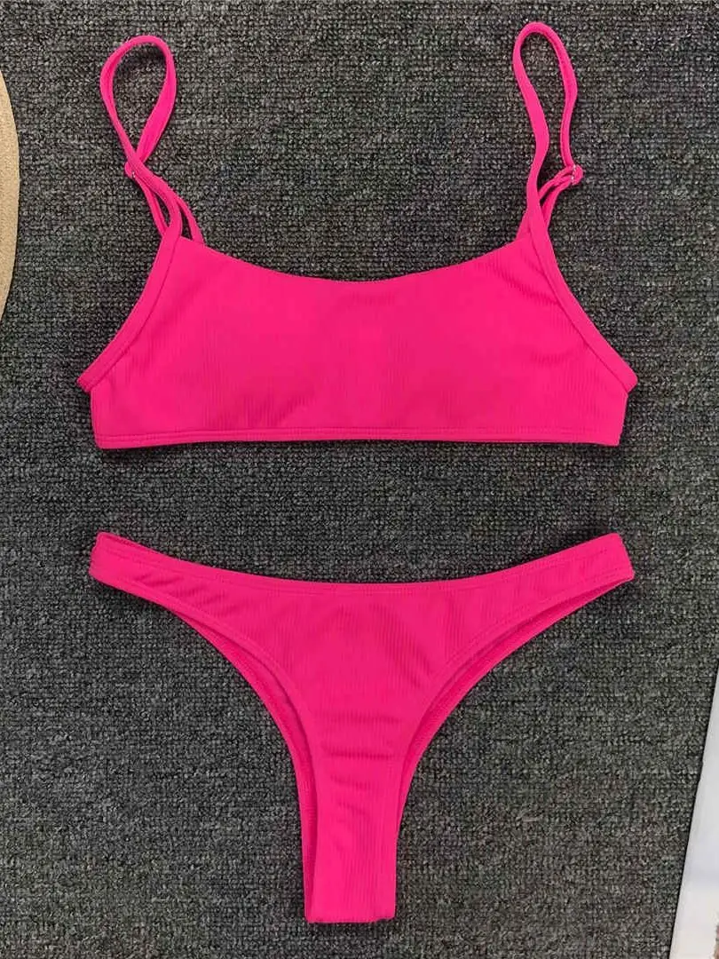 Sexy Neon Yellow Thong Bikini Women Swimwear Thong Swimsuit Female Two-pieces Bikini set Bather Ribbed Bathing Suit V1295NG