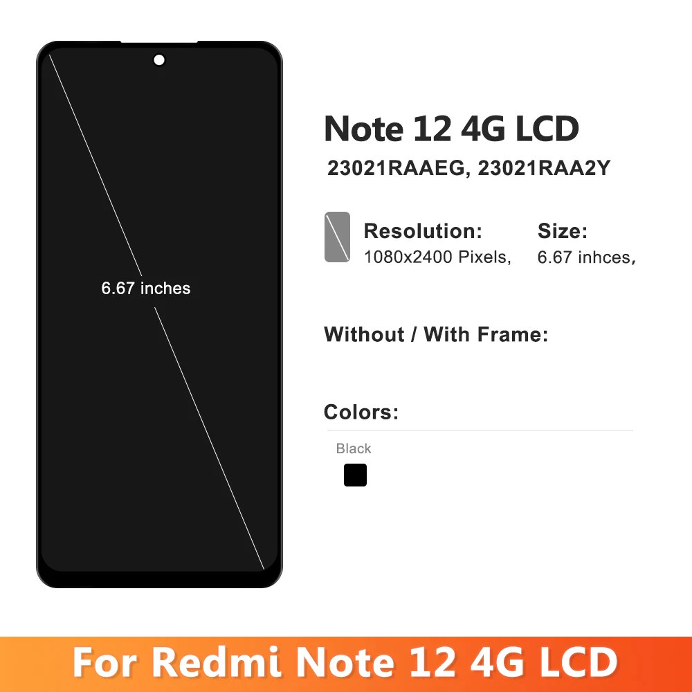 Super AMOLED for Xiaomi Redmi Note 12 4G 23021RAAEG 23021RAA2Y Lcd Display Touch Screen with Frame for Redmi Note 12 4G Screen