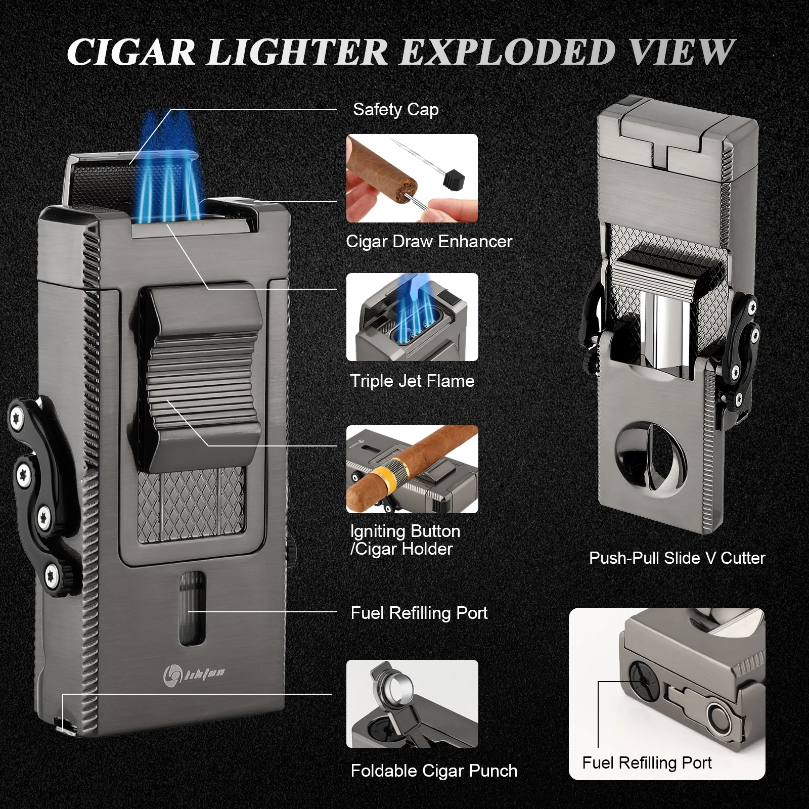 Cigar Lighter, Multifunctional Torch Butane Lighter Built-in Cigar Holder Draw Enhancer Punch Gift for Men