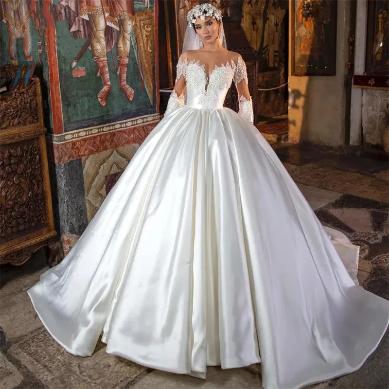 

Stylish Wedding Dress Long Sleeves V Neck Appliques Sequins 3D Lace Ruffles Satin Celebrity Formal Bridal Gowns Vestido De Novia