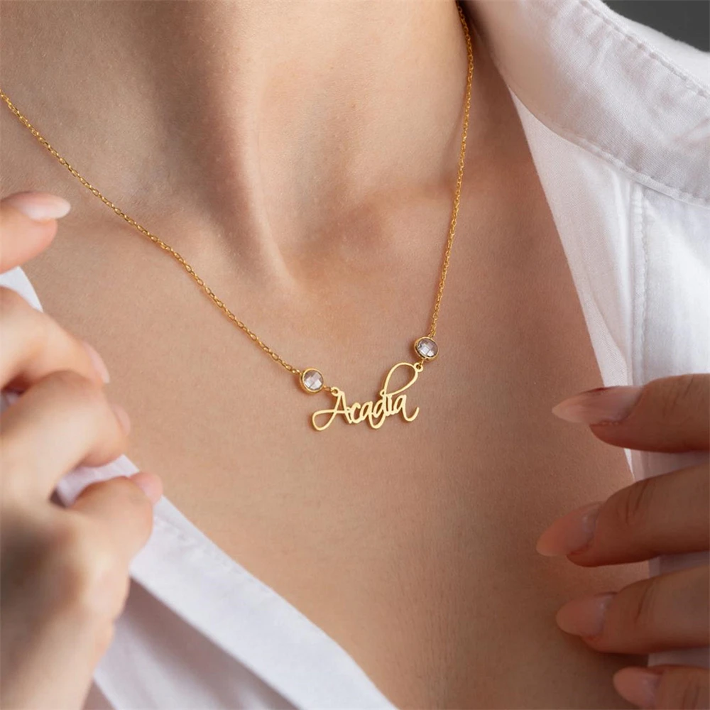 사용자 정의 탄생석 이름 목걸이 맞춤형 네임 플레이트 더블 탄생석 참 목걸이 여자 여자 생일 선물 Boho Jewelry