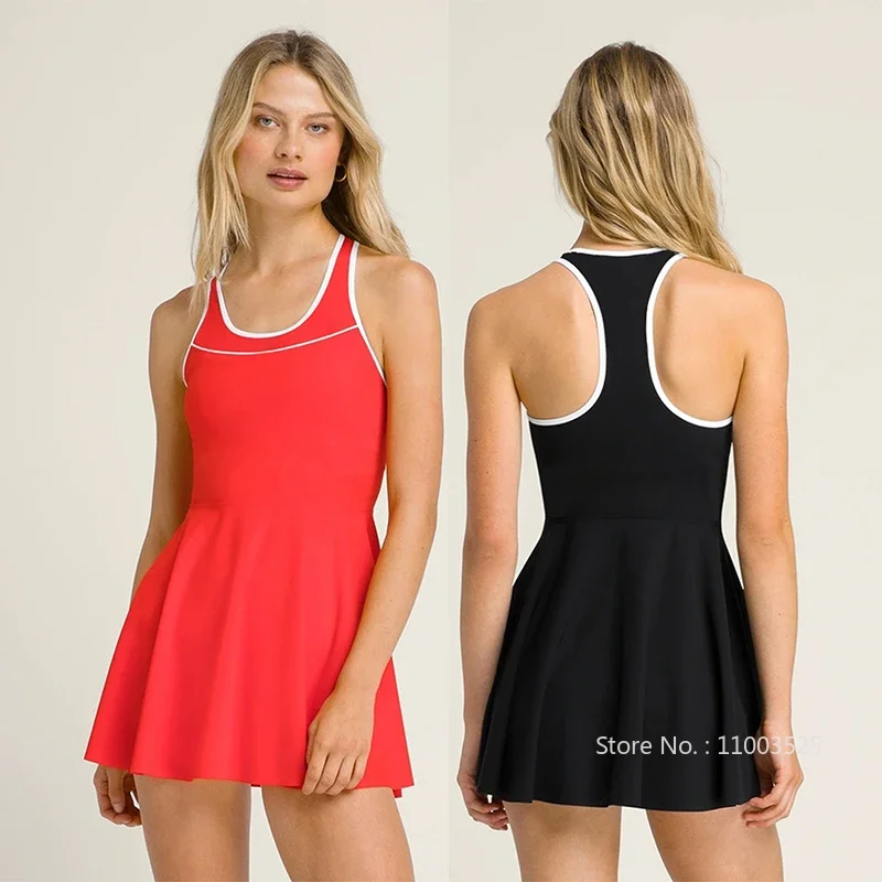 Women One-piece Tennis Dress Round Neck Racerback Dresses with Inner Separate Shorts Pockets Sleevesless Sports Skorts XS-XL