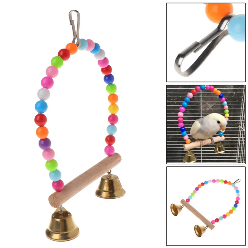 Natural Wooden Parrots Swing Toy Birds Perch Hanging Swings Cage With Colorful Beads Bells Toys Bird Supplies