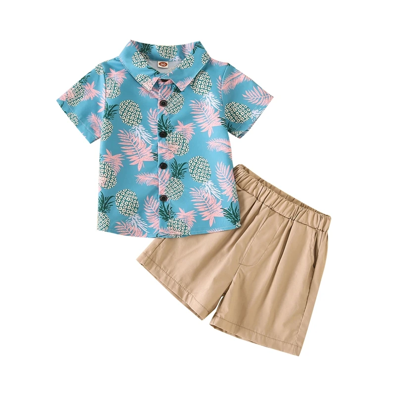 

Boys Summer Clothes 2023 Kids Pineapple Print Short Sleeve Turn Down Collar Shirts Tops Shorts Hawaiian Style 2Pcs Suit