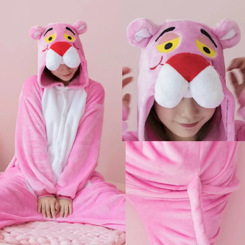 

Аниме мультфильм Розовая пантера Слитная плюшевая Пижама с капюшоном Y2K Милая Розовая пантера аниме с длинными рукавами озорный леопардовый комплект домашней одежды