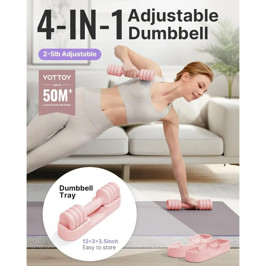 Adjustable Dumbbell Set of 2, 4-in-1 Hand Weights for Women at Home, Compact Free Weights Dumbbells Set with Soft Grip and Base,