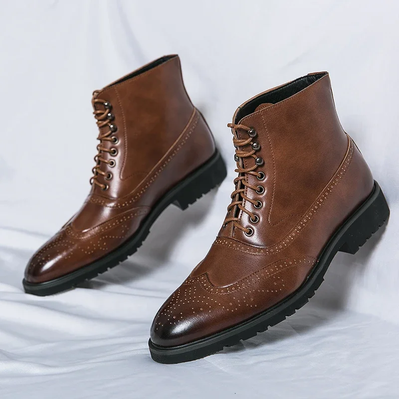 Brown Brogue Men Short Boots Lace-up Ankle Handmade Square Toe Motorcycle Boots leather boots mens leather boots motorcycle leather boots
