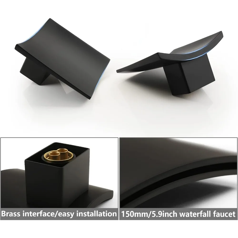 8 Inch Widespread Matte Black Waterfall Faucet Set with Light, Deck-Mounted Two-Handle Bathroom Fixture