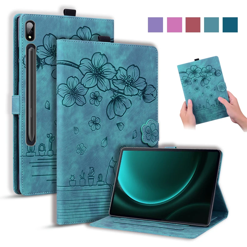 Capa Samsung Galaxy Tab s9 fe Flor 3d Carteira de Gato Tablet Emboss Case Sm-x510 X516 10.9
