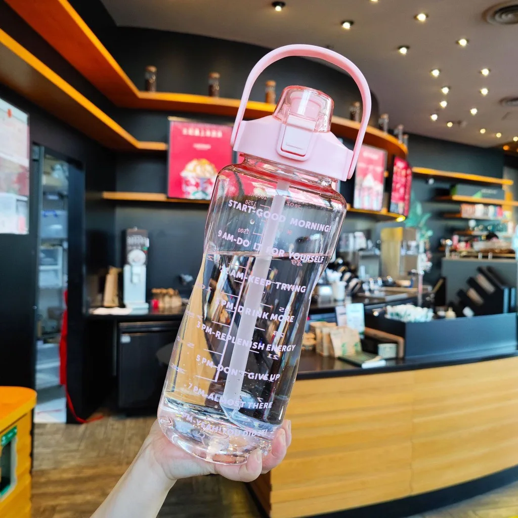 Large Capacity 2L Sports Water Bottle with Straw and Time Marker