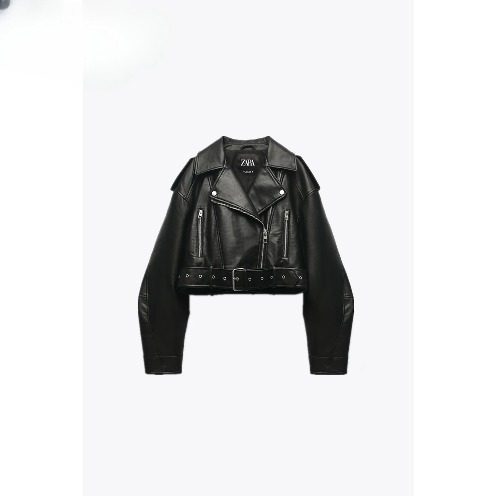 Leather Clothes Polo Collar Jacket Women's Short Black PU  Irregular Long-Sleeved Spring and Autumn Fashion All-Matching Casual