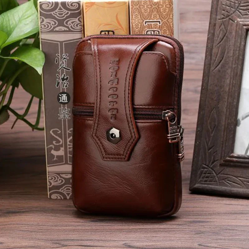 

Genuine Leather Men Hip Bum Fanny Waist Pack Belt Purse Hook Natural Skin Mini Messenger Shoulder Cell/Mobile Phone Case Bag