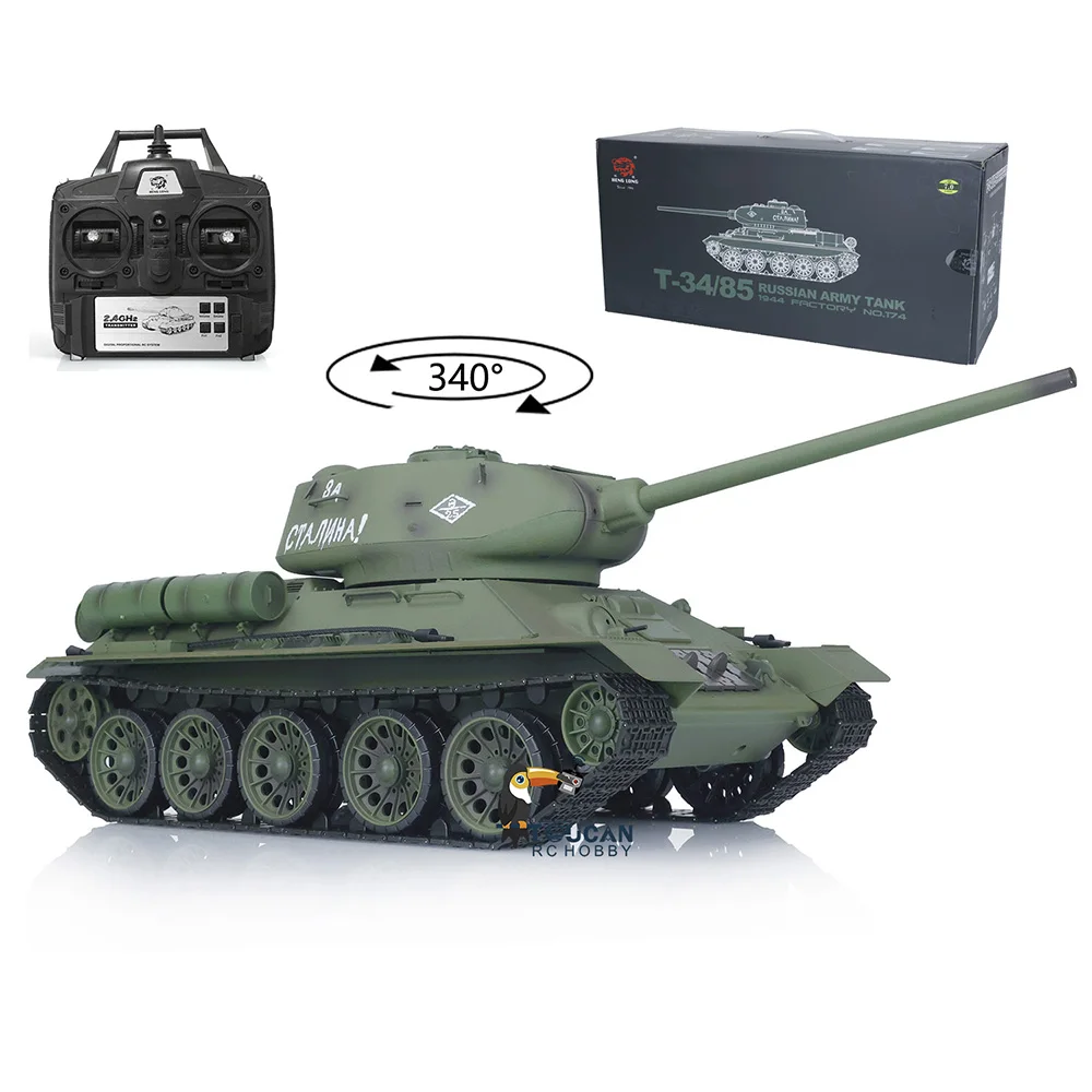2.4G HENG LONG 1/16 Scale 7.0 Plastic Ver Soviet T34-85 RTR Army RC Tank Model 3909 Engine Proportion Smoke BB Shoot TH17764 4