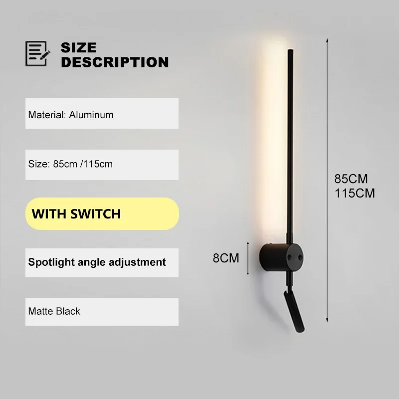 Modern Long LED Wall Lights Bedroom Decoration Indoor Living Room Fixture Black Wall Lamps Stair Hallway Background Sconces
