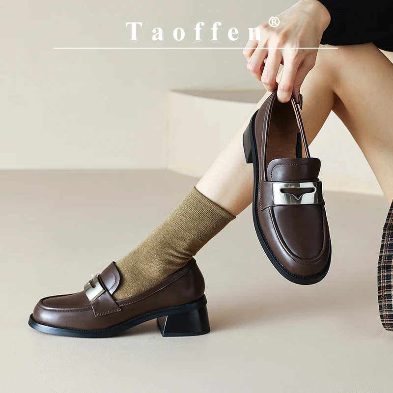 

Taoffen Casual Loafers For Women Genuine Leather Square Heel Metal Decoration Pumps Mature Round Toe Slip-On Office Lady Shoes