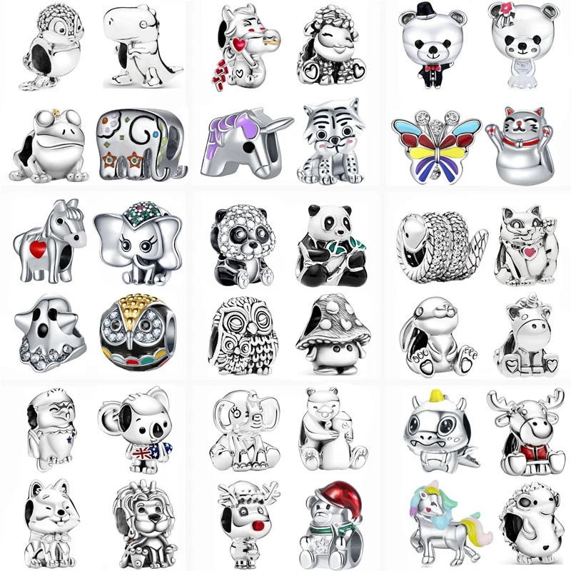 

New Animal Series Bear Elephant Cat Owl Unicorn DIY Beads Fit Original Pandora Charm Bracelet Silver Color Women Fashion Jewelry