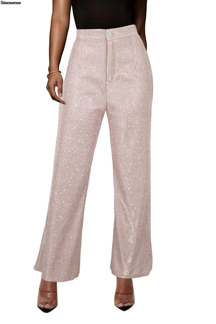 Women Sequin Pants High Waist Glitter Sparkle Shiny Wide Leg Flare