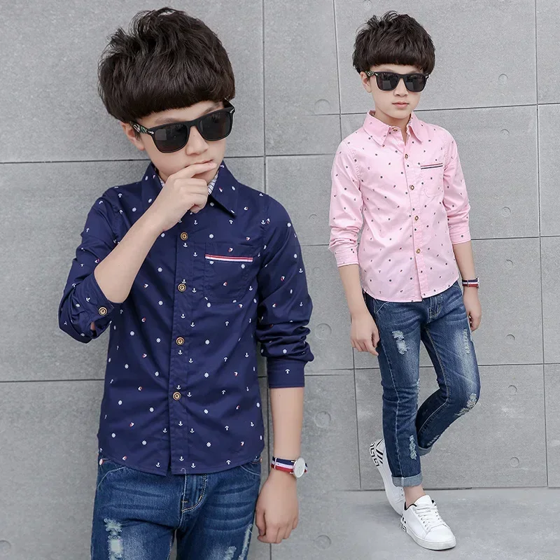 New Spring Autumn Long Sleeve Boys Blouses Breathable 100% Cotton Kids Children Shirts 5-15 Years Kids Shirts Boys