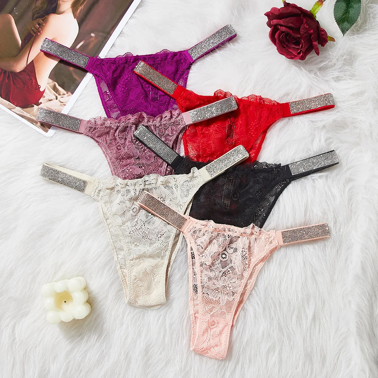 Women Sexy Lace Panties Vs Letter Rhinestone Lingerie Thongs Comfort