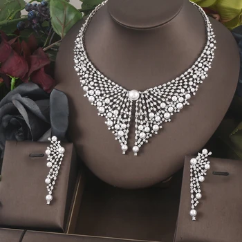 2pcs Bridal Zirconia Full Jewelry Sets For Women Party, Luxury Dubai Nigeria CZ Crystal Wedding Necklace